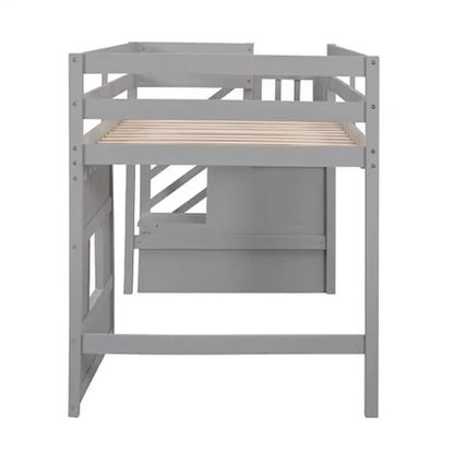 Twin Low Loft Bed with Stairs & Storage Kids Solid Pine Wood Gray Finish High Safety Guard Rails Shelves& Movable Desk Modern