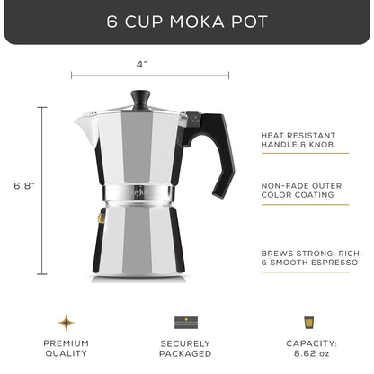 Italian Moka Pot Stovetop Aluminum Espresso Maker [6 Cup]- Silver