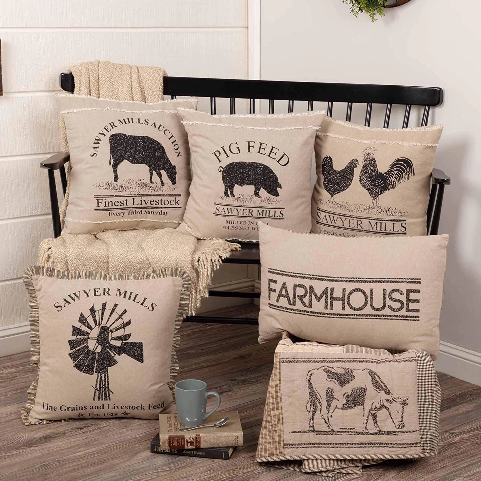 Sawyer Mill Text Chambray Cotton Farmhouse Appliqued Pillow 22X14 Filled Bedding Accessory, 1 Count (Pack of 1), Family Charcoal