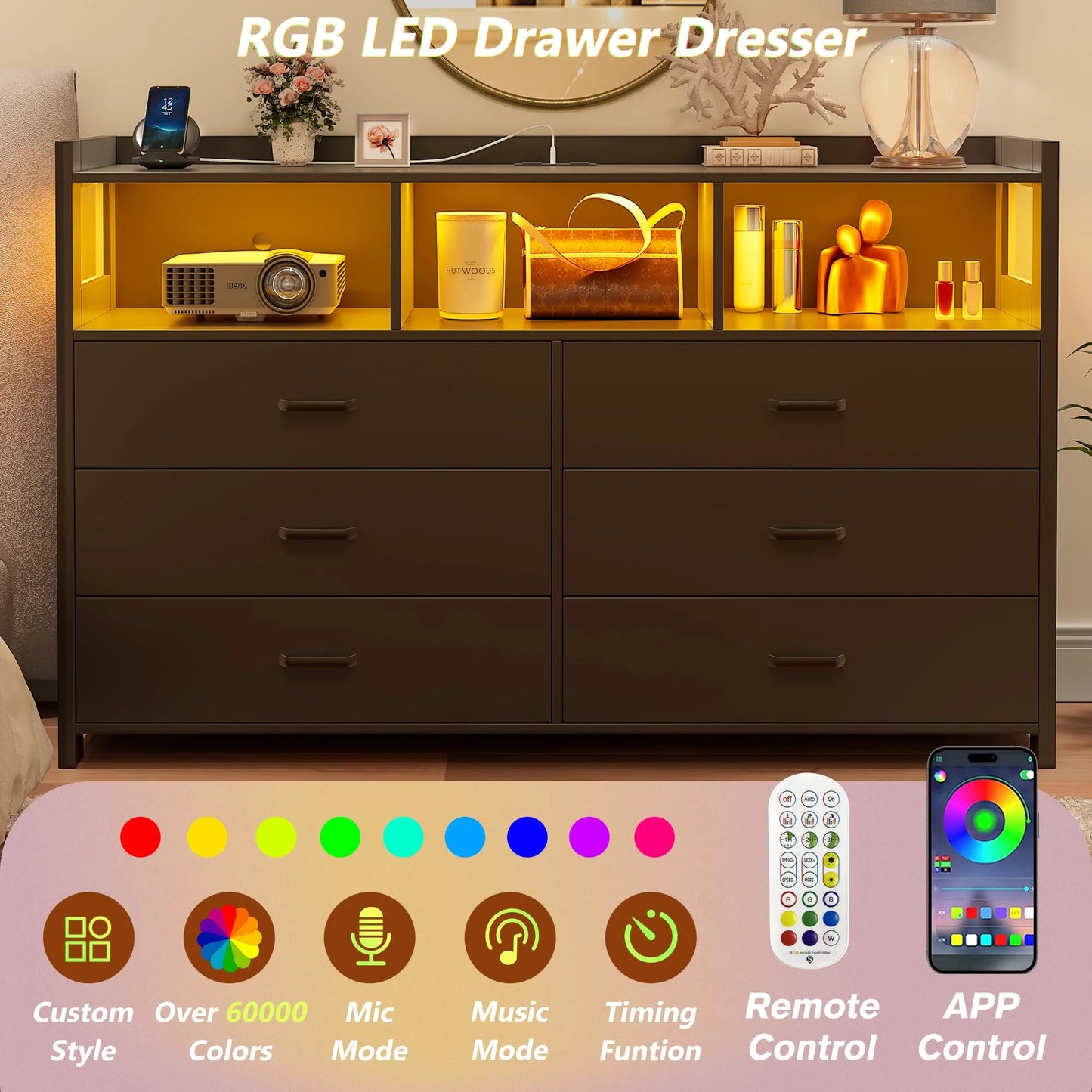 LED Dresser for Bedroom 6 Drawers, Modern Dresser Wooden with Power Outlets, Black