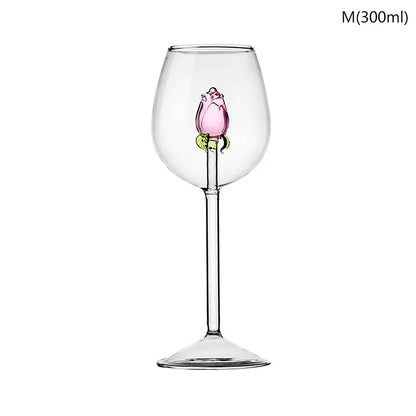 Creative 3D Pink Glass Rose Build-In Red White Wine Glasses Cup Drinkware Goblet Champagne Flute Household Lovely Valentine Gift