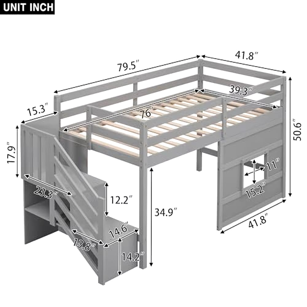 Twin Low Loft Bed with Stairs & Storage Kids Solid Pine Wood Gray Finish High Safety Guard Rails Shelves& Movable Desk Modern