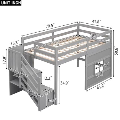 Twin Low Loft Bed with Stairs & Storage Kids Solid Pine Wood Gray Finish High Safety Guard Rails Shelves& Movable Desk Modern